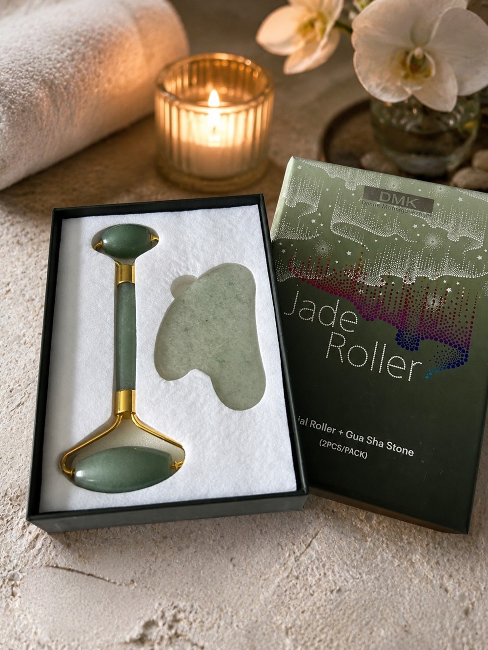 DMK Jade Facial Roller + Gua Sha Stone Set — NEW